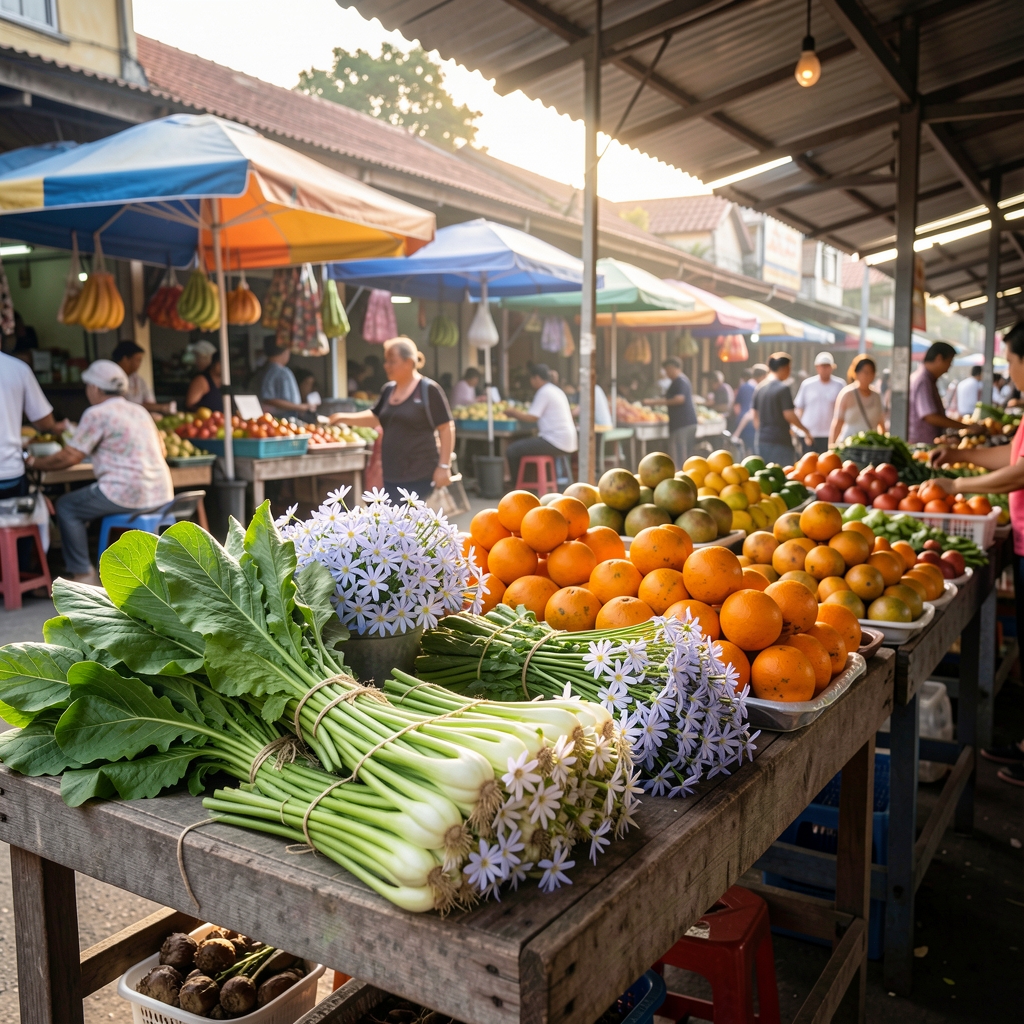 ตลาดเชียงใหม่ยามเช้ามีผักใบเขียว ดอกดาวเรือง และผลไม้สีส้มเรียงบนแผงไม้