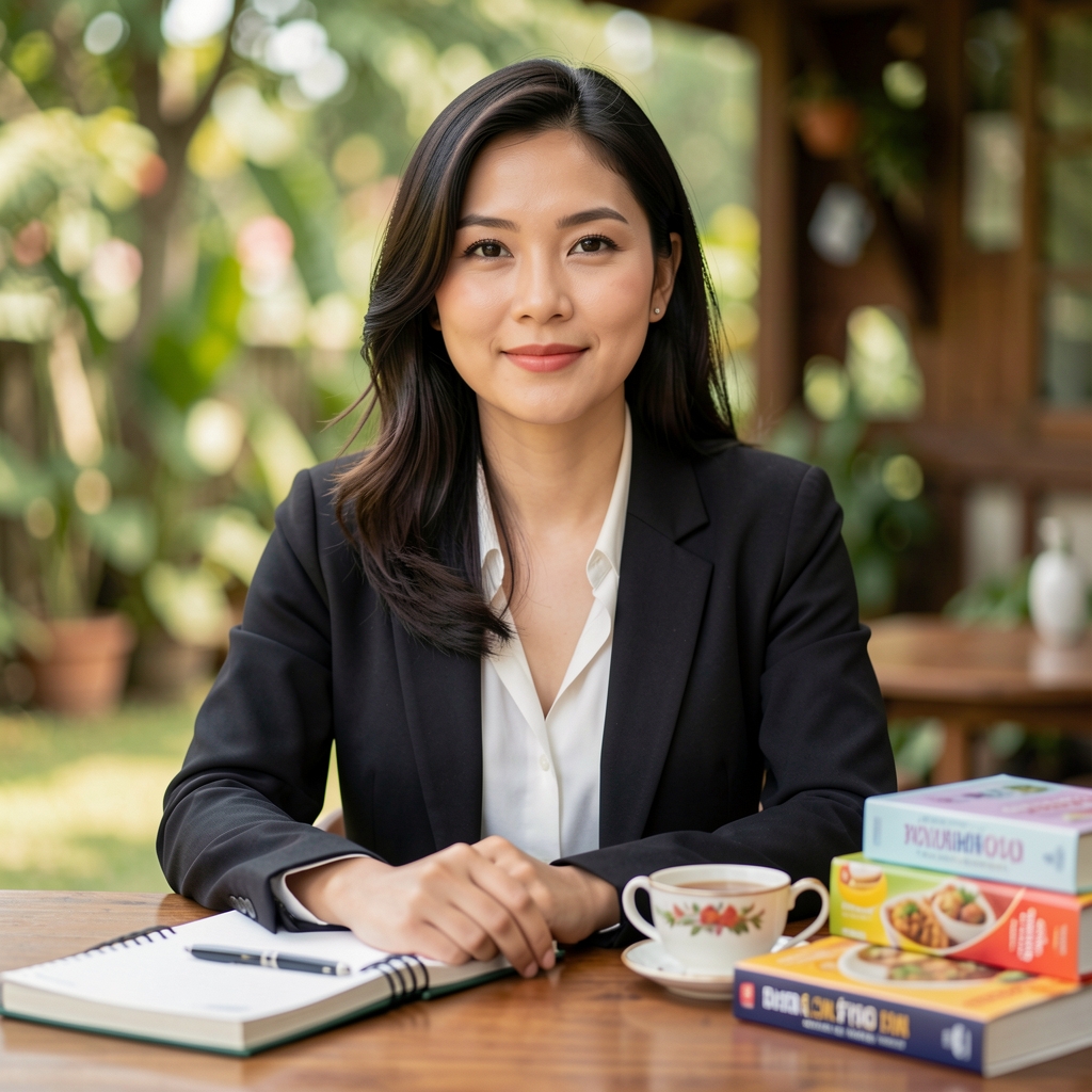 โต๊ะทำงานกองบรรณาธิการมีสมุดโน้ต หนังสือโภชนาการ และถ้วยชาสมุนไพรในเชียงใหม่