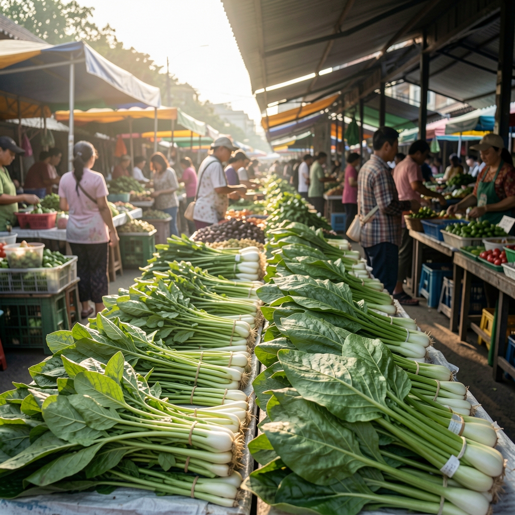 ผักใบเขียวหลากชนิดวางขายในตลาดเช้าเชียงใหม่ พร้อมแสงแดดอ่อนยามเช้า